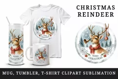 Watercolor cute reindeer ringing bells round Merry Christmas quote print 20 oz tumbler skinny mug wrap clipart t-shirt sublimation printable design
