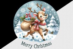 Watercolor cute reindeer sack gifts snowflakes Merry Christmas quote print 20 oz tumbler skinny mug wrap clipart t-shirt sublimation printable design