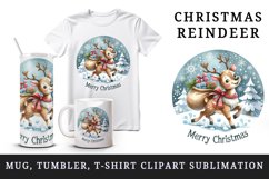 Watercolor cute reindeer sack gifts snowflakes Merry Christmas quote print 20 oz tumbler skinny mug wrap clipart t-shirt sublimation printable design