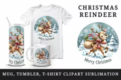 Watercolor cute reindeer sack gifts snowflakes Merry Christmas quote print 20 oz tumbler skinny mug wrap clipart t-shirt sublimation printable design