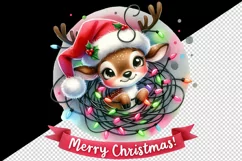 Watercolor cute reindeer Santa hat lights Merry Christmas greeting quote print tumbler skinny mug wrap clipart t-shirt sublimation printable design