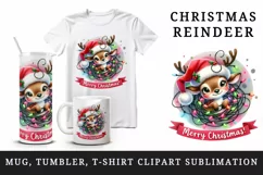 Watercolor cute reindeer Santa hat lights Merry Christmas greeting quote print tumbler skinny mug wrap clipart t-shirt sublimation printable design