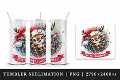 Watercolor cute reindeer Santa hat lights Merry Christmas greeting quote print tumbler skinny mug wrap clipart t-shirt sublimation printable design