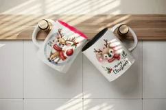 Watercolor cute reindeer Santa hat Merry Christmas quote New Year winter print tumbler skinny mug wrap clipart t-shirt sublimation printable design