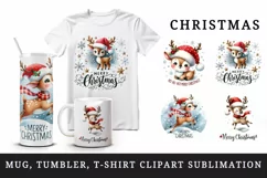 Watercolor cute reindeer Santa hat Merry Christmas quote New Year winter print tumbler skinny mug wrap clipart t-shirt sublimation printable design