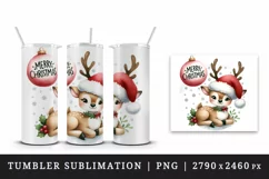 Watercolor cute reindeer Santa hat Merry Christmas quote New Year winter print tumbler skinny mug wrap clipart t-shirt sublimation printable design