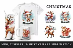 Watercolor cute reindeer Santa hat Merry Christmas quote New Year winter print tumbler skinny mug wrap clipart t-shirt sublimation printable design