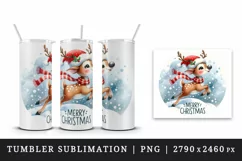 Watercolor cute reindeer Santa hat Merry Christmas quote New Year winter print tumbler skinny mug wrap clipart t-shirt sublimation printable design