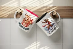 Watercolor cute reindeer Santa hat Merry Christmas quote New Year winter print tumbler skinny mug wrap clipart t-shirt sublimation printable design