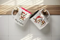 Watercolor cute reindeer Santa hat Merry Christmas quote New Year winter print tumbler skinny mug wrap clipart t-shirt sublimation printable design
