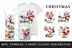 Watercolor cute reindeer Santa hat Merry Christmas quote New Year winter print tumbler skinny mug wrap clipart t-shirt sublimation printable design