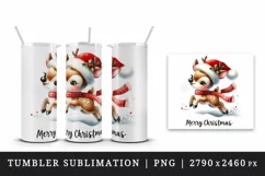 Watercolor cute reindeer Santa hat scarf snow Merry Christmas quote print 20 oz tumbler skinny mug wrap clipart t-shirt sublimation printable design