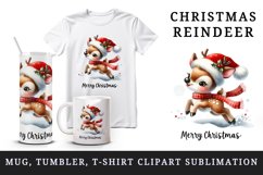 Watercolor cute reindeer Santa hat scarf snow Merry Christmas quote print 20 oz tumbler skinny mug wrap clipart t-shirt sublimation printable design
