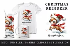 Watercolor cute reindeer Santa hat scarf snow Merry Christmas quote print 20 oz tumbler skinny mug wrap clipart t-shirt sublimation printable design