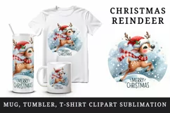 Watercolor cute reindeer Santa hat scarf snow Merry Christmas quote print 20 oz tumbler skinny mug wrap clipart t-shirt sublimation printable design