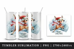 Watercolor cute reindeer Santa hat scarf snow Merry Christmas quote print 20 oz tumbler skinny mug wrap clipart t-shirt sublimation printable design