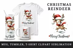 Watercolor cute reindeer Santa hat scarf snow Merry Christmas quote print 20 oz tumbler skinny mug wrap clipart t-shirt sublimation printable design