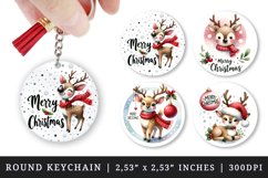 Watercolor cute reindeer Santa hat snowflakes Merry Christmas quote New Year winter print round keychain keychains sublimation design