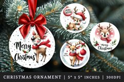 Watercolor cute reindeer Santa hat snowflakes Merry Christmas quote New Year winter print round ornament ornaments sublimation design