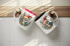 Watercolor cute reindeer Santa hat tangled colorful Christmas lights print 20 oz tumbler skinny mug wrap clipart t-shirt sublimation printable design