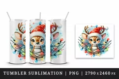 Watercolor cute reindeer Santa hat tangled colorful Christmas lights print 20 oz tumbler skinny mug wrap clipart t-shirt sublimation printable design