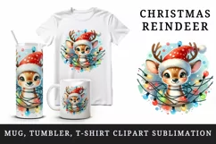 Watercolor cute reindeer Santa hat tangled colorful Christmas lights print 20 oz tumbler skinny mug wrap clipart t-shirt sublimation printable design