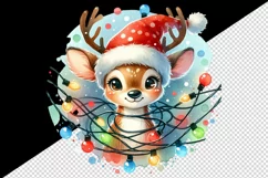 Watercolor cute reindeer Santa hat tangled colorful Christmas lights print 20 oz tumbler skinny mug wrap clipart t-shirt sublimation printable design