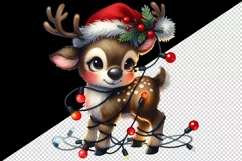 Watercolor cute reindeer Santa hat tangled in colorful Christmas lights print tumbler skinny mug wrap clipart t-shirt sublimation printable design