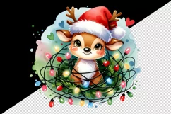 Watercolor cute reindeer Santa hat tangled in colorful Christmas lights print tumbler skinny mug wrap clipart t-shirt sublimation printable design