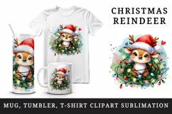 Watercolor cute reindeer Santa hat tangled in colorful Christmas lights print tumbler skinny mug wrap clipart t-shirt sublimation printable design