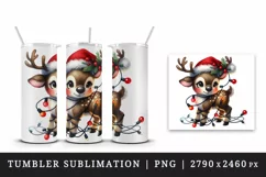 Watercolor cute reindeer Santa hat tangled in colorful Christmas lights print tumbler skinny mug wrap clipart t-shirt sublimation printable design