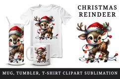 Watercolor cute reindeer Santa hat tangled in colorful Christmas lights print tumbler skinny mug wrap clipart t-shirt sublimation printable design