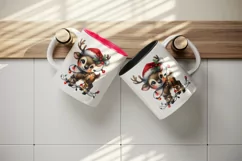 Watercolor cute reindeer Santa hat tangled in colorful Christmas lights print tumbler skinny mug wrap clipart t-shirt sublimation printable design