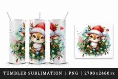 Watercolor cute reindeer Santa hat tangled in colorful Christmas lights print tumbler skinny mug wrap clipart t-shirt sublimation printable design
