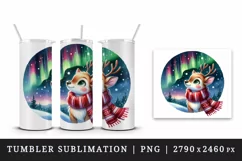Watercolor cute reindeer scarf Northern Lights night sky Christmas print 20 oz tumbler skinny mug wrap clipart t-shirt sublimation printable design