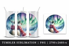 Watercolor cute reindeer scarf Northern Lights night sky Christmas print 20 oz tumbler skinny mug wrap clipart t-shirt sublimation printable design