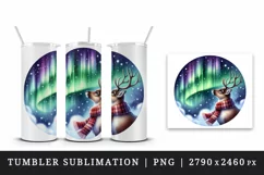Watercolor cute reindeer scarf Northern Lights night sky Christmas print 20 oz tumbler skinny mug wrap clipart t-shirt sublimation printable design