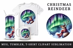 Watercolor cute reindeer scarf Northern Lights night sky Christmas print 20 oz tumbler skinny mug wrap clipart t-shirt sublimation printable design