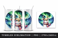 Watercolor cute reindeer scarf Northern Lights night sky Christmas print 20 oz tumbler skinny mug wrap clipart t-shirt sublimation printable design