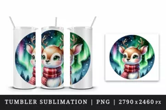 Watercolor cute reindeer scarf Northern Lights night sky Christmas print 20 oz tumbler skinny mug wrap clipart t-shirt sublimation printable design