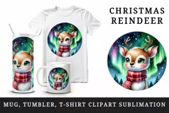 Watercolor cute reindeer scarf Northern Lights night sky Christmas print 20 oz tumbler skinny mug wrap clipart t-shirt sublimation printable design