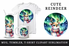 Watercolor cute reindeer scarf Northern Lights night sky Christmas print 20 oz tumbler skinny mug wrap clipart t-shirt sublimation printable design