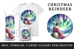 Watercolor cute reindeer scarf Northern Lights night sky Christmas print 20 oz tumbler skinny mug wrap clipart t-shirt sublimation printable design