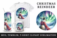 Watercolor cute reindeer scarf Northern Lights night sky Christmas print 20 oz tumbler skinny mug wrap clipart t-shirt sublimation printable design