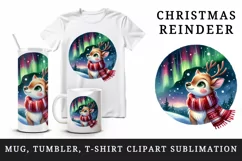 Watercolor cute reindeer scarf Northern Lights night sky Christmas print 20 oz tumbler skinny mug wrap clipart t-shirt sublimation printable design