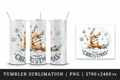 Watercolor cute reindeer smile snowflakes Merry Christmas quote print 20 oz tumbler skinny mug wrap clipart t-shirt sublimation printable design