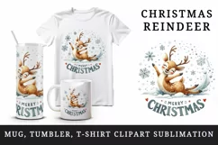 Watercolor cute reindeer smile snowflakes Merry Christmas quote print 20 oz tumbler skinny mug wrap clipart t-shirt sublimation printable design
