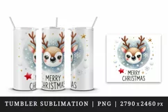 Watercolor cute reindeer snowflakes stars Merry Christmas quote print 20 oz tumbler skinny mug wrap clipart t-shirt sublimation printable design