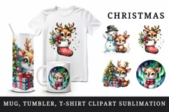 Watercolor cute reindeer snowman stocking Christmas tree New Year winter print tumbler skinny mug wrap clipart t-shirt sublimation printable design