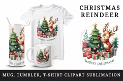 Watercolor cute reindeer tree gifts round format Merry Christmas quote print 20oz tumbler skinny mug wrap clipart t-shirt sublimation printable design